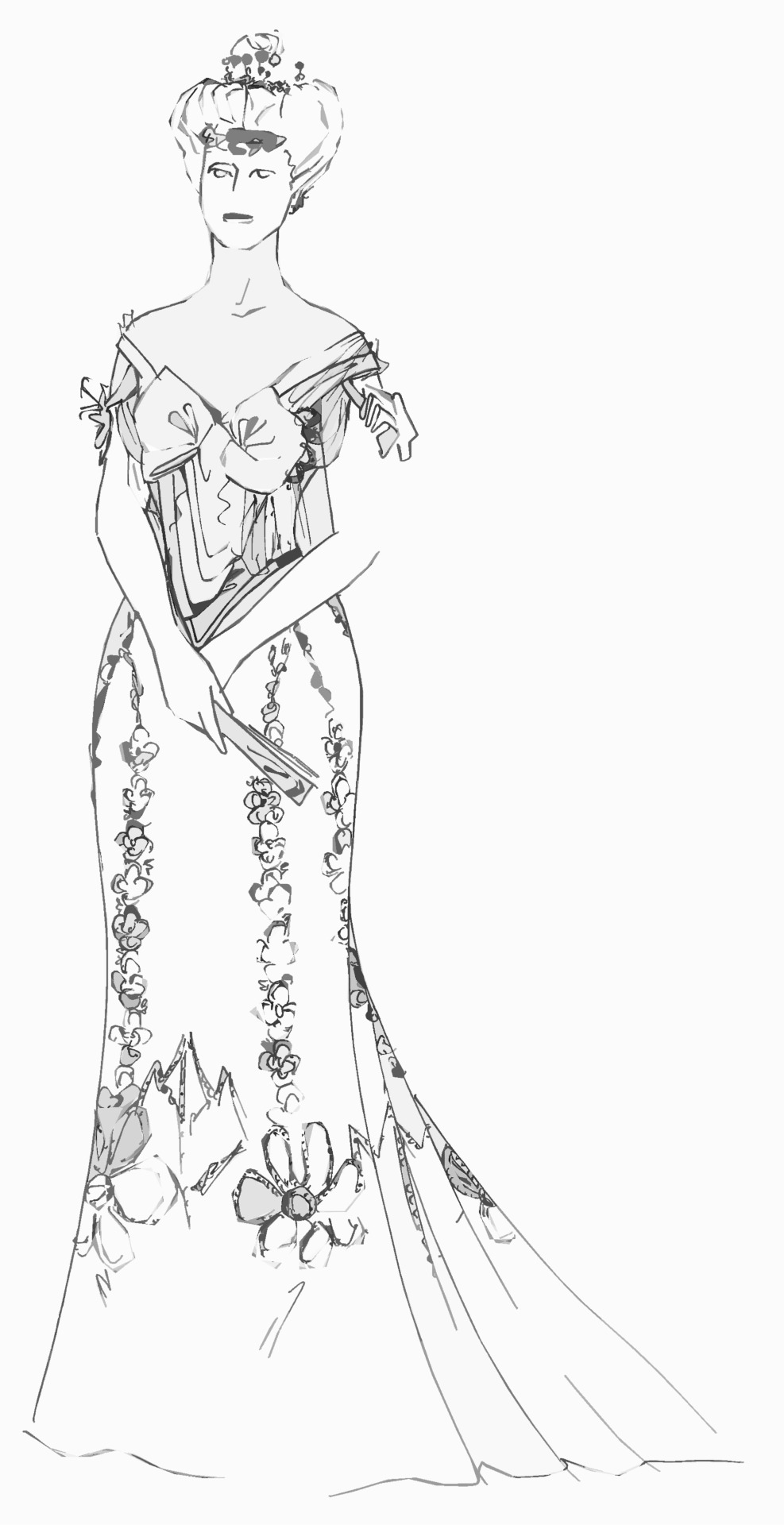 Desenho da Rainha Dona Amélia, por João Micael, inspirado no retrato da rainha pintado Vitor Corcos, 1905, Museu Nacional dos Coches, Lisboa.